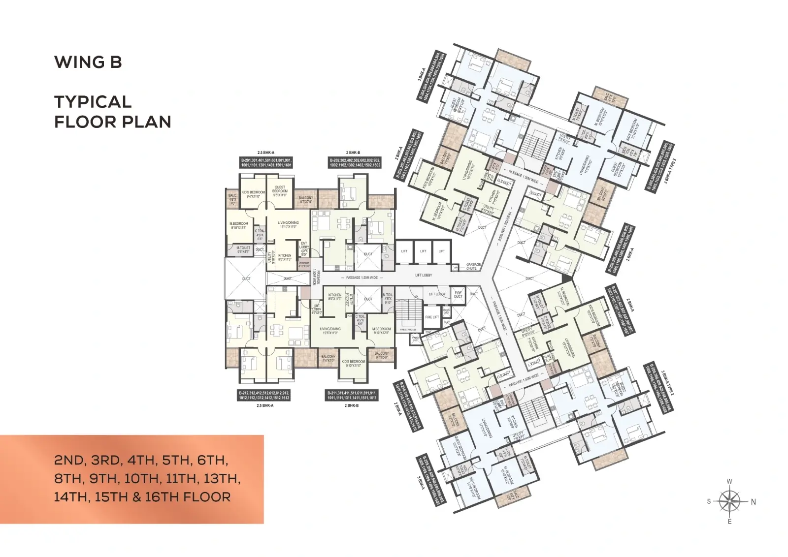 Wing B 2nd - 16th Typical Unit Plan